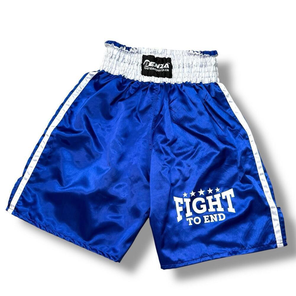 Benza Fight to End Blue Boxing Shorts SzL Polyester Satin Kickboxing Trunks Thai